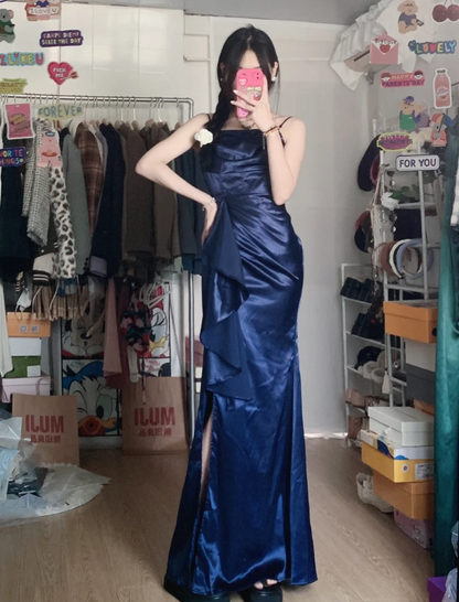Elegant Navy Blue Mermaid High-Slit Ruffled Satin Long Prom Dress Evening Dress P4288