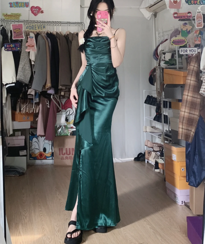 Elegant Navy Blue Mermaid High-Slit Ruffled Satin Long Prom Dress Evening Dress P4288