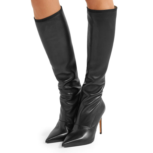 Black Pointed Toe Stiletto Heel Rear Zip Closure Knee High Boots
