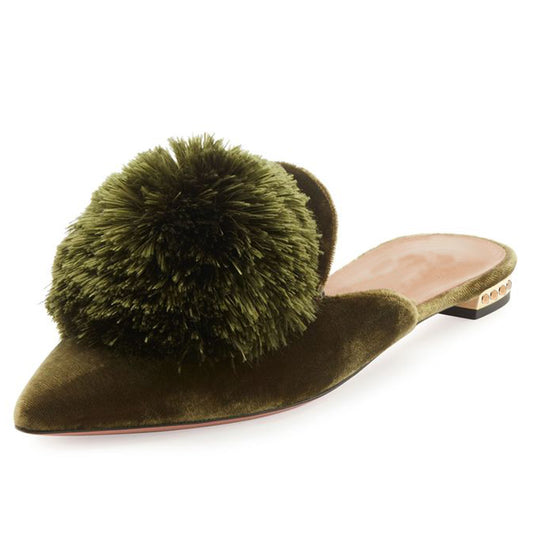 Dark Green Pointed Toe Mules With Furry Women Flats