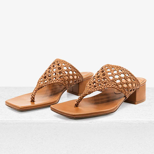 Vegan Leather Square Toe Woven Strap Mules with Chunky Heels