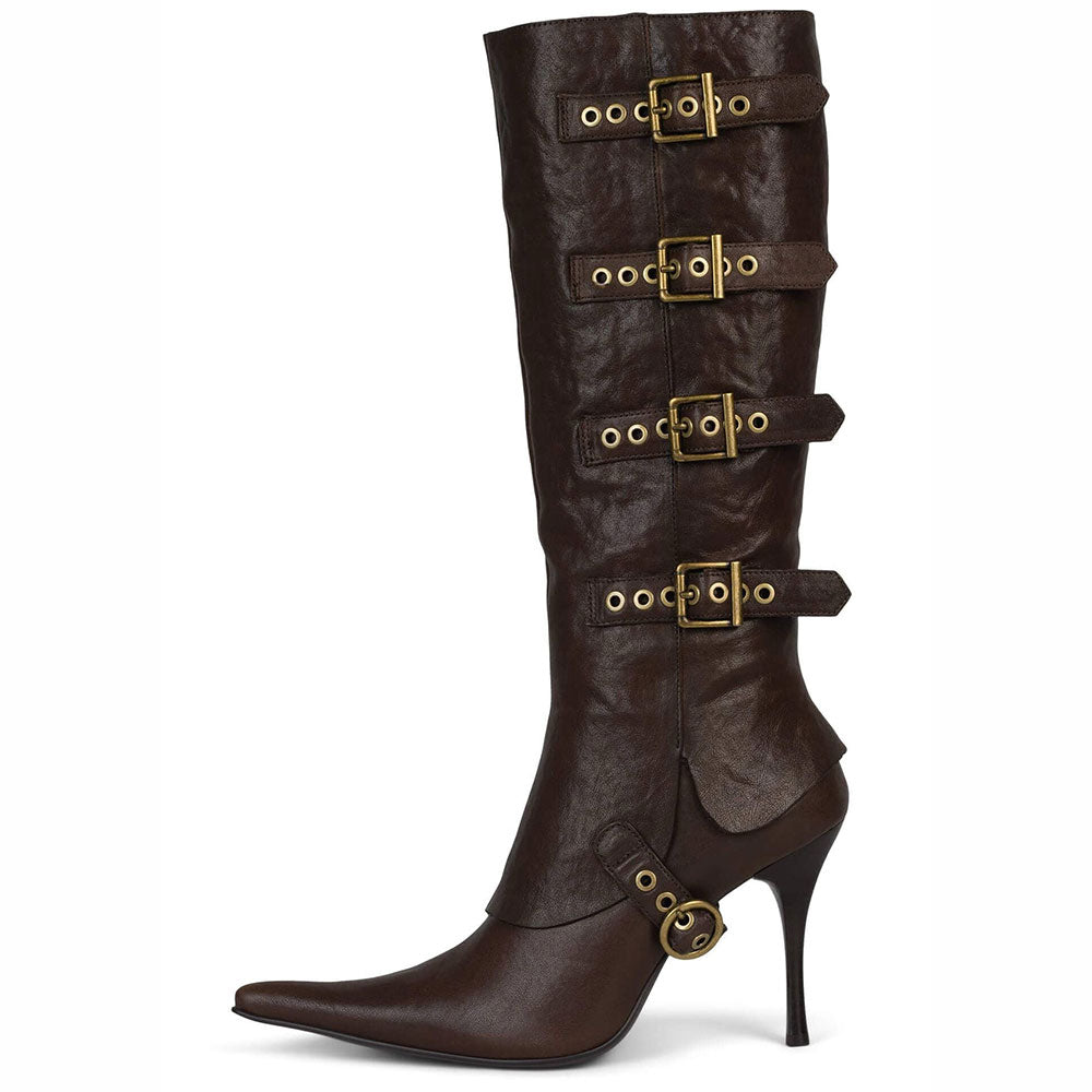 Brown Pointed Toe Buckle Strappy Knee High Boots with Stiletto Heel