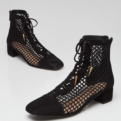Black Nets Lace Up Summer Booties Block Heel Ankle Boots