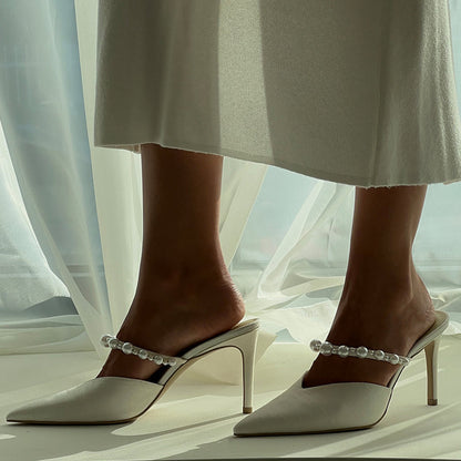 White Suede Closed Pointed Toe Mules With White Pearl Decorated Strappy Stiletto Heels