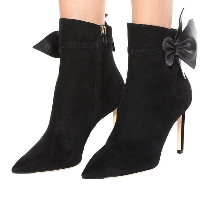 Black Faux Suede Closed Toe 3'' Stiletto Heel Ankle Boots with Bow