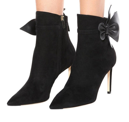 Black Faux Suede Closed Toe 3'' Stiletto Heel Ankle Boots with Bow
