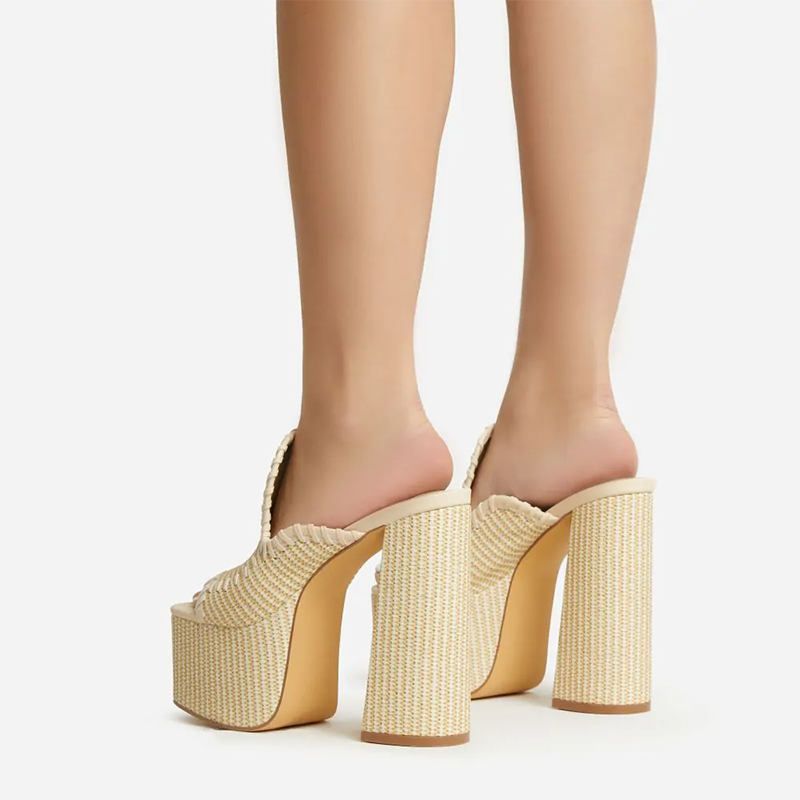 Beige Raffia Open Toe Chunky Heel Woven Platform Mules Sandals