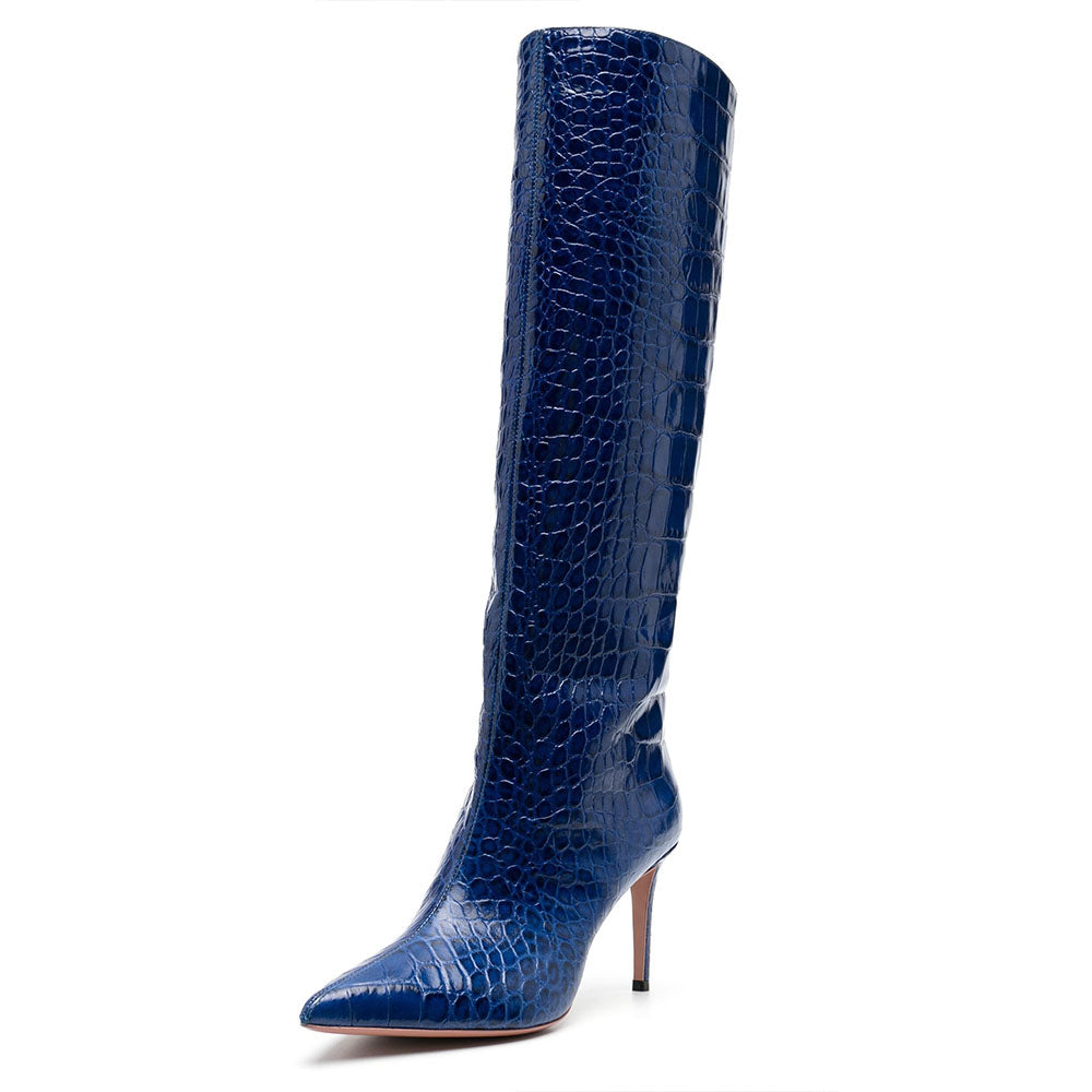 Cobalt Blue Pointy Croco Embossed Knee High Boots with Stiletto Heel