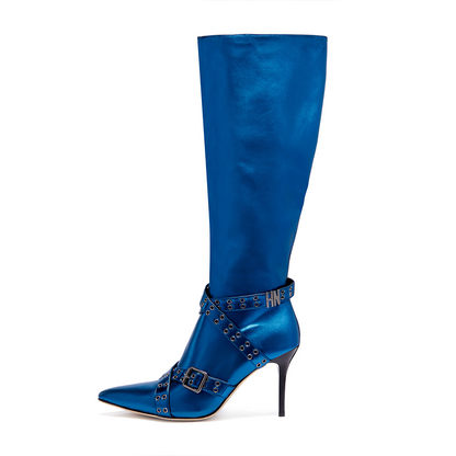 Blue Vegan Leather Closed Toe 4'' Stiletto Heel Knee High Boots