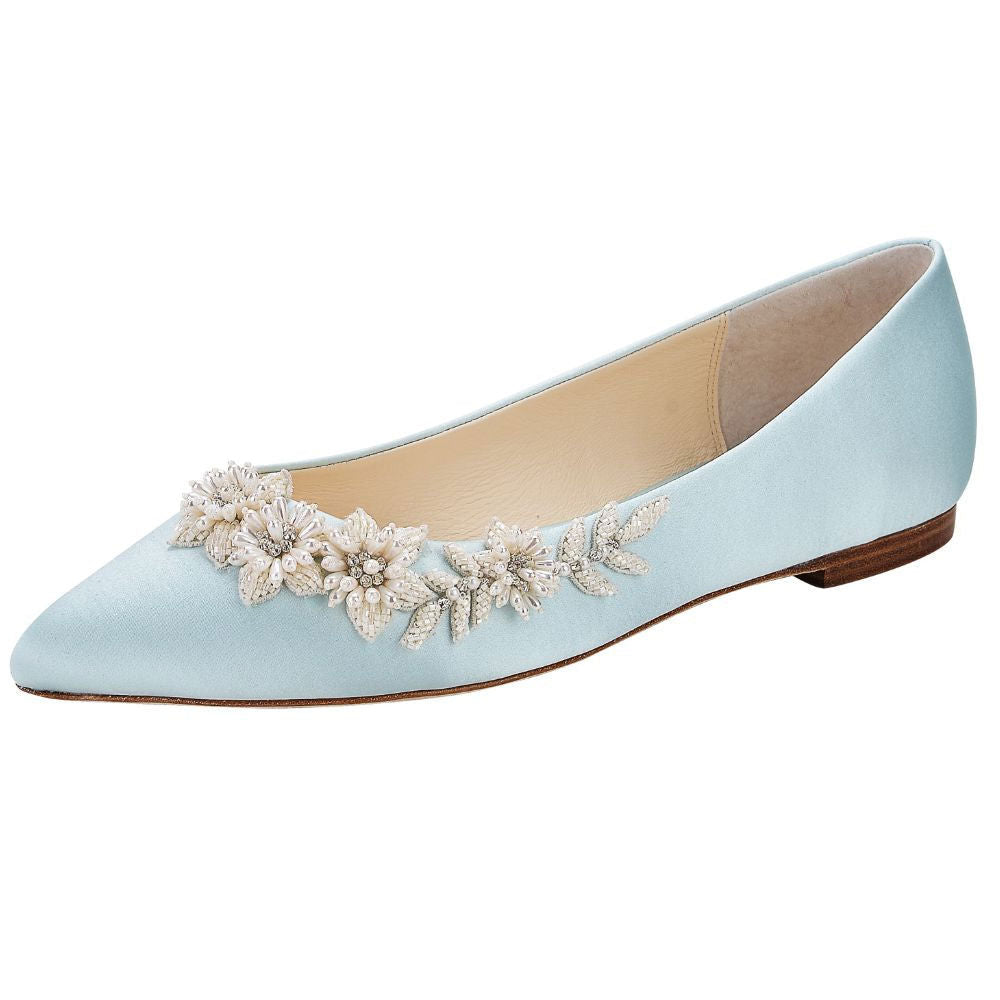 Blue Satin Pointed Toe Pearl Floral Embellished Wedding Flats