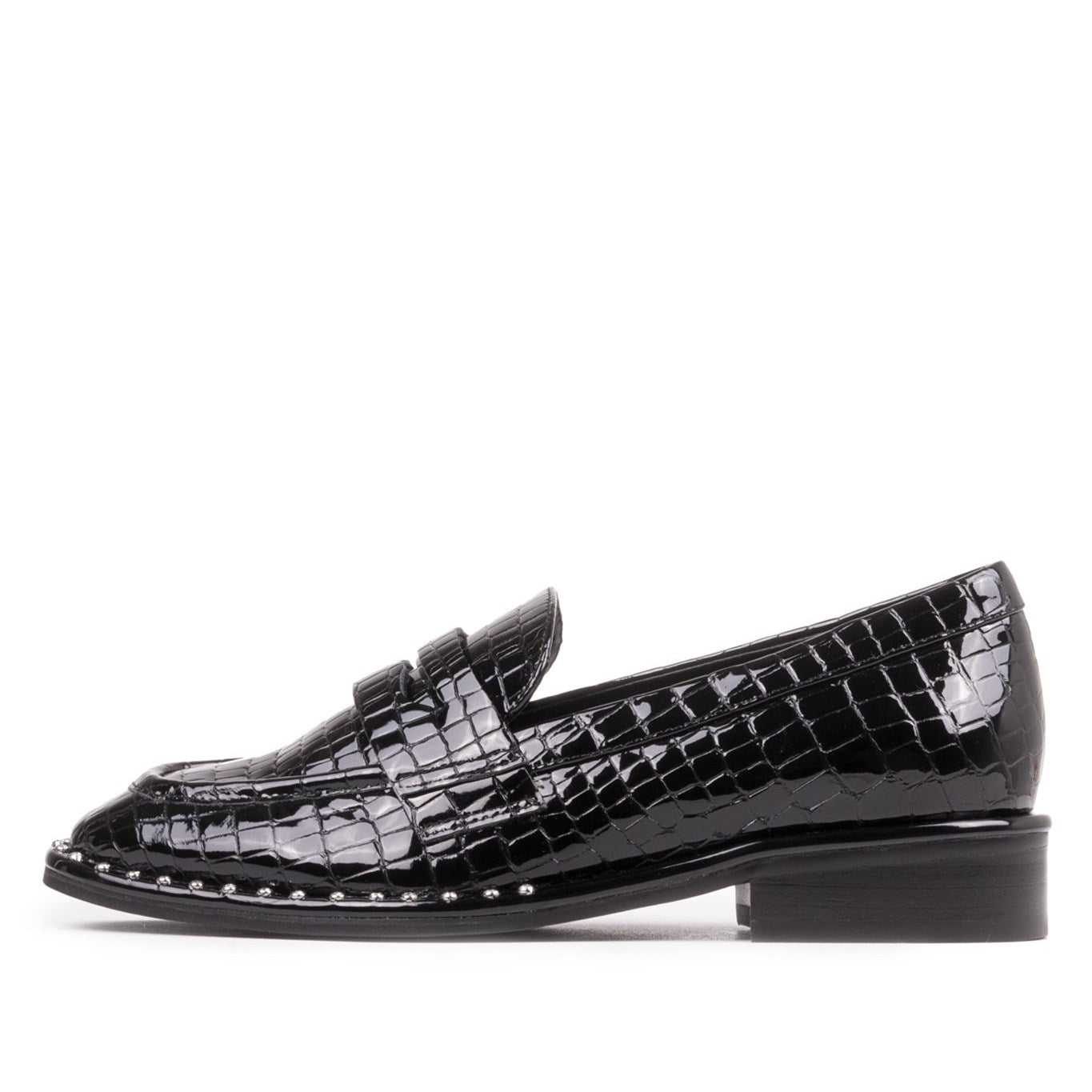 Black Patent Leather Embossed Square Toe Penny Loafers for Women