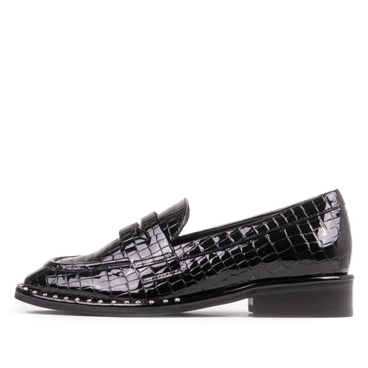 Black Patent Leather Embossed Square Toe Penny Loafers for Women