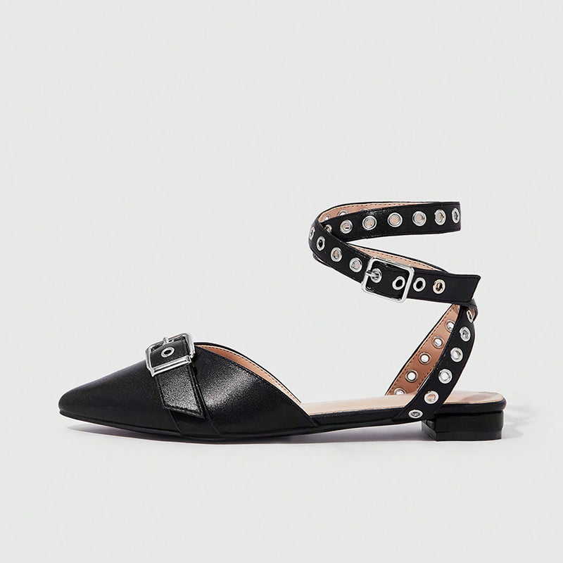Black Pointed Toe Flats Grommets Buckled Ankle Strap Low Heel Shoes