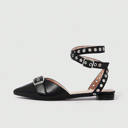 Black Pointed Toe Flats Grommets Buckled Ankle Strap Low Heel Shoes