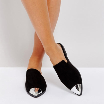 Black Vegan Suede Flat Mules Metallic Pointed Toe Loafers for Women