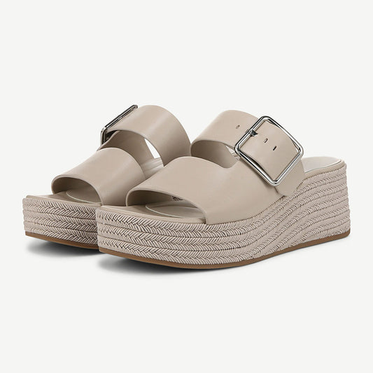 Light Gray Open Square Toe Buckle Strap Platform Woven Wedge Sandals