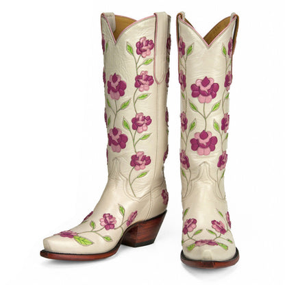 Beige & Pink Snip Toe Floral Knee High Western Boots for Women