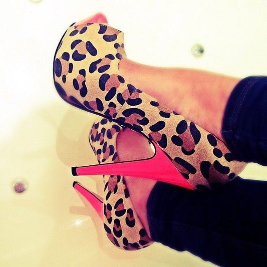 Women's Leopard Print Peep Toe Platform Pumps with Stiletto Heels