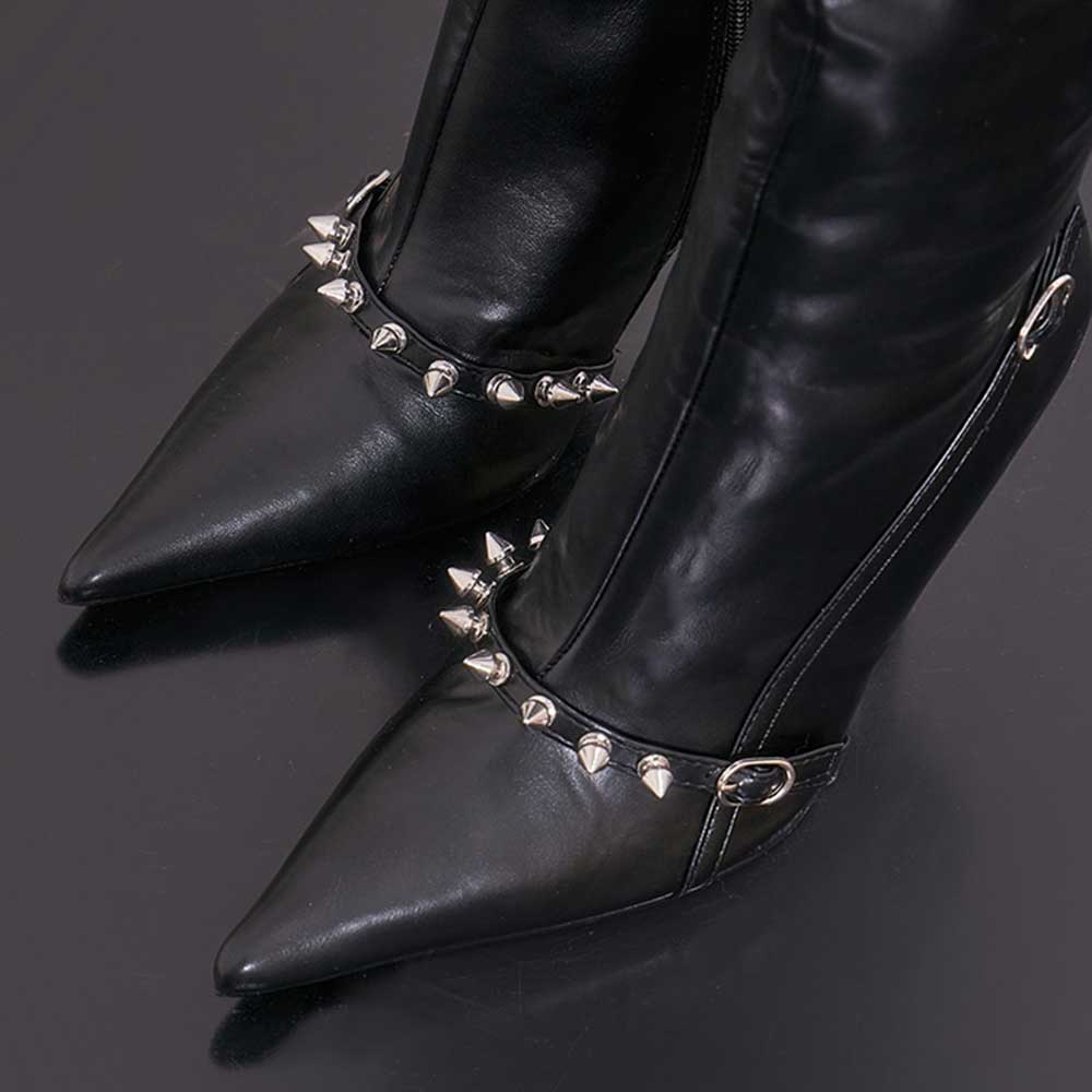 Black Pointed Toe Stiletto Heel Rivets Embellished Knee High Boots