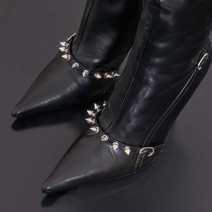 Black Pointed Toe Stiletto Heel Rivets Embellished Knee High Boots