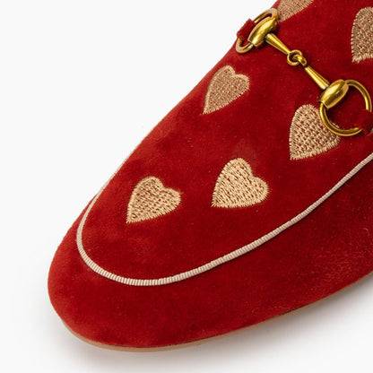 Red Vegan Suede Heart Embroidered Horsebit Mule Loafers