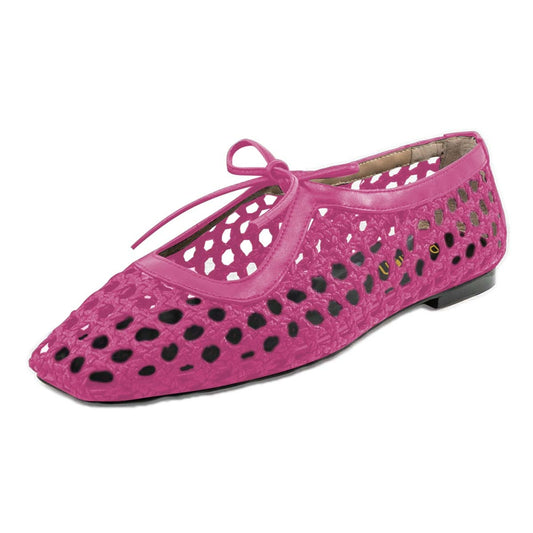 Elegant Fuchsia Closed Toe Cut-Out Braided Ballet Flats with Lace Up