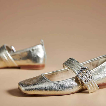 Silver Metallic Finish Square Toe Mary Jane Flats with Buckle