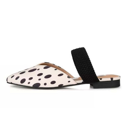 White Pointed Toe Polka Dots Slingback Mules With Strap Flats