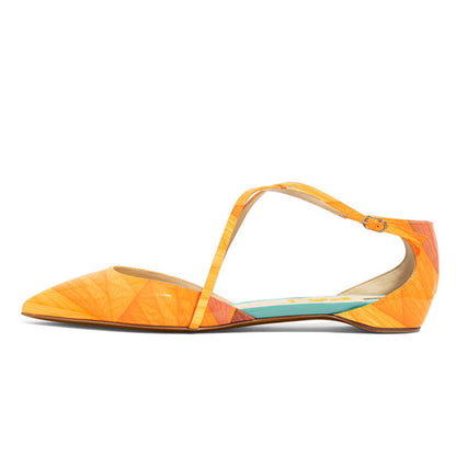 Orange Patent Leather Printed Crisscross Strap Pointed Toe Flats