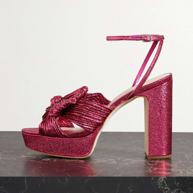 Women's Hot Pink Glitter Heels Peep Toe Ruched Bow Platform Sandals