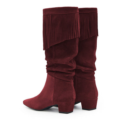 Women's Square Toe Low Heel Fringe Maroon Below The Knee Boots