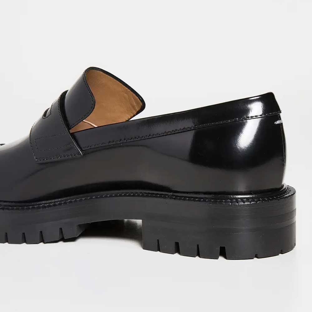 Black Signature Split Toe Vamp Strap Chunky Loafers for Women