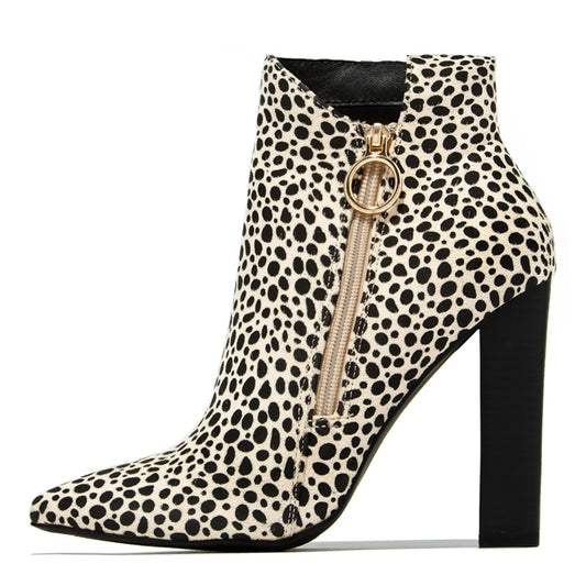 Beige Vegan Suede Leopard Print Zipper Chunky Heel Ankle Boots