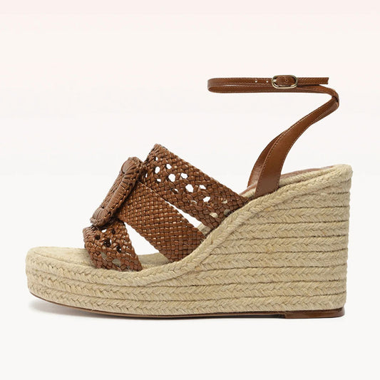 Brown & Beige Woven Buckled Ankle Strap Platform Wedge Sandals