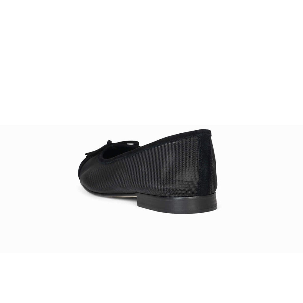 Black Faux Suede Mesh Round Toe Ballet Flats with Bow