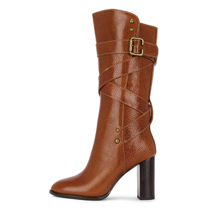 Brown Chunky Heel Buckle Strap Studded Mid Calf Boots with Zipper