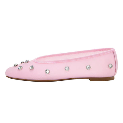 Mesh Ladies' Cute Square Toe Pink Ballet Flats with Studded Rhinestone