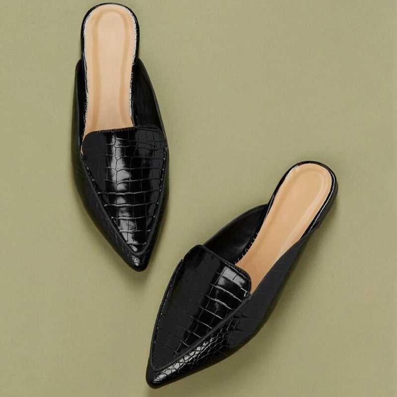 Black Croco Embossed Pointed Toe Mule Loafers for Women