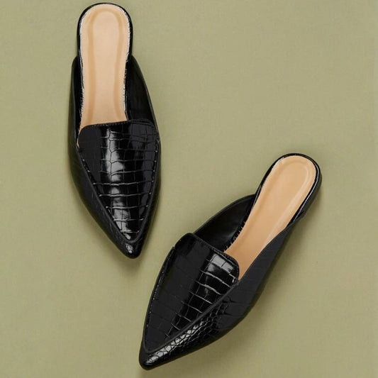Black Croco Embossed Pointed Toe Mule Loafers for Women