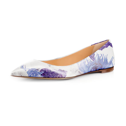Women's White Pointed Toe Violet Floral Print Comfortable Flats
