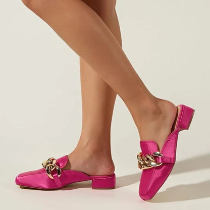 Hot Pink Block Heel Square Toe Chain Buckled Mule Loafers for Women