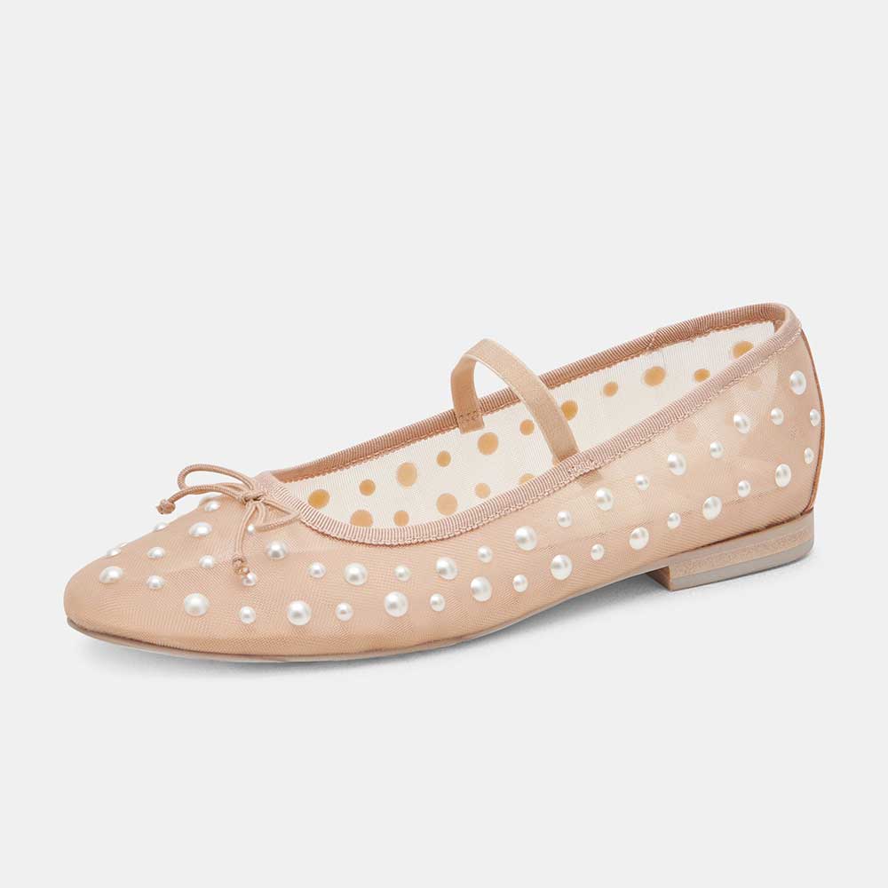 Nude Round Toe Bow Decor Mesh Flats with Pearl Embellished