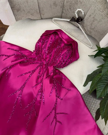 A Line Hot Pink Satin Sequin Long Party Dress Evening Dress Prom Dresses     cg25679