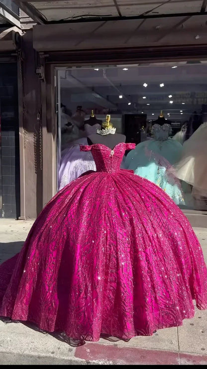 Elegant Hot Pink Sequin Off-the-shoulder Sweet 16 Quinceanera A-Line Tulle Floor-length Prom Dress Birthday Dress Evening Dress Ball Gown TP4541