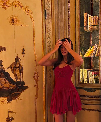 Burgundy Elegant Short Prom Dresses Spaghetti Straps Flowers Pleated Formal Dress Evening Dress   cg25875