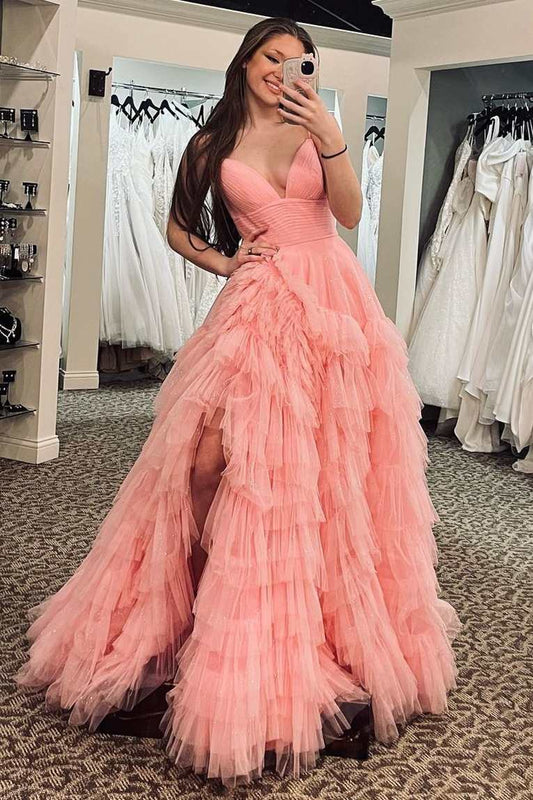 Spaghetti Straps Pink Tulle V-Neck Evening Prom Dress