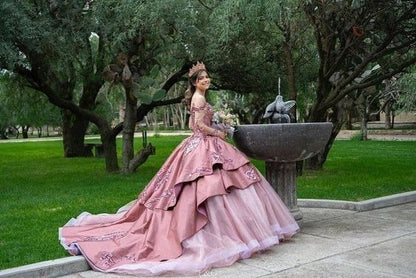 Elegant Pink Embroidery Off-the-shoulder Sweet 16 Quinceanera A-Line Prom Dress Birthday Dress Evening Dress Ball Gown TP4520