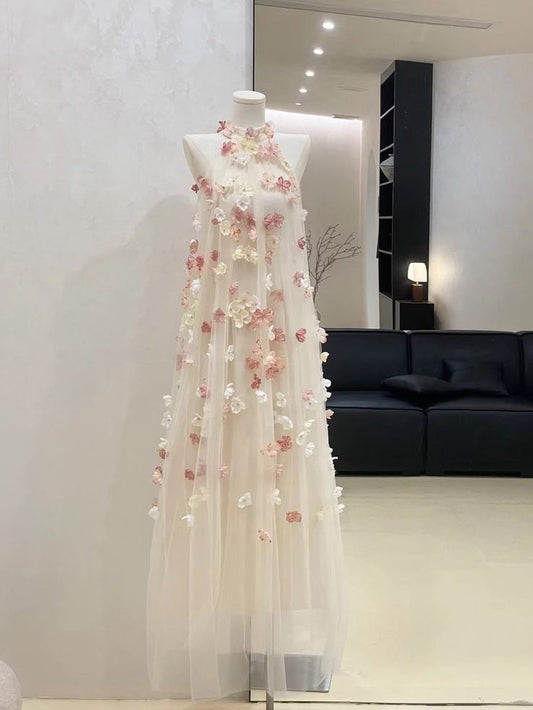 A Line Halter 3D Flowers Tulle Prom Dresses, Long Evening Dress Formal Dress    cg25974