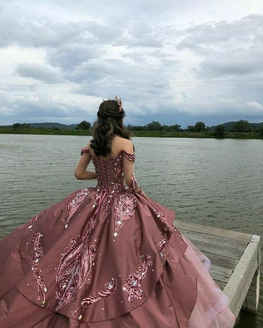 Elegant Pink Embroidery Off-the-shoulder Sweet 16 Quinceanera A-Line Prom Dress Birthday Dress Evening Dress Ball Gown TP4520