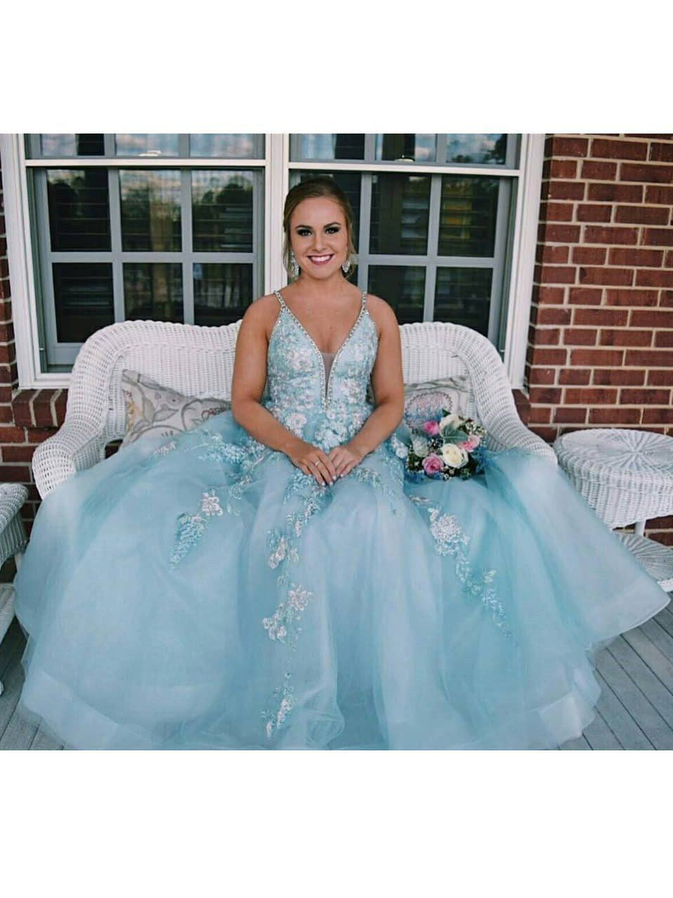 A-line V Neck Tulle Prom Dress With Floral Embroidery,WP129